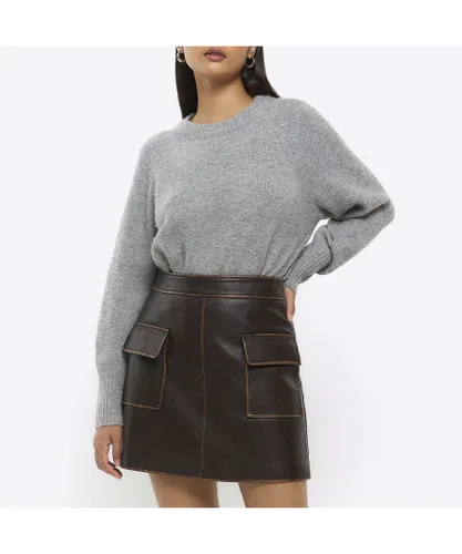 River Island Womens Mini Skirt Brown Faux Leather Distressed Pu
