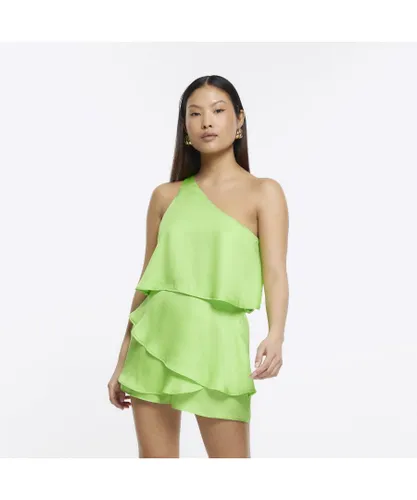 River Island Womens Playsuit Petite Green One Shoulder Tiered
