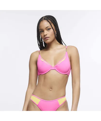 River Island Womens Plunge Bikini Top Pink Mesh Detail