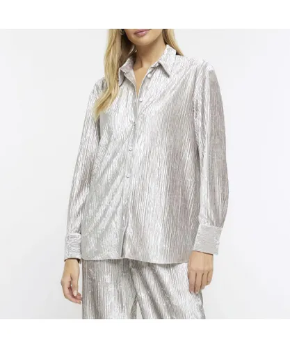 River Island Womens Shirt Silver Crushed Velvet Long Sleeve