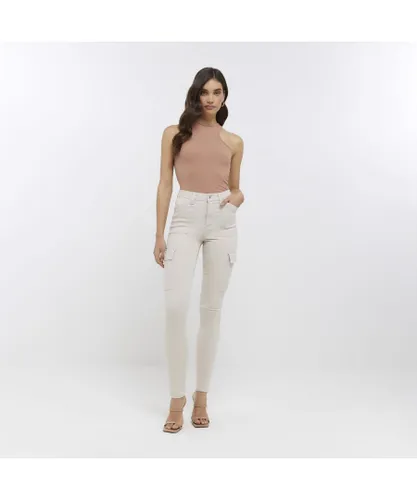 River Island Womens Skinny Jeans Beige High Waisted Pants - Cream Cotton