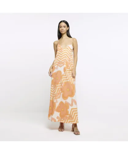 River Island Womens Slip Maxi Dress Orange Floral Print
