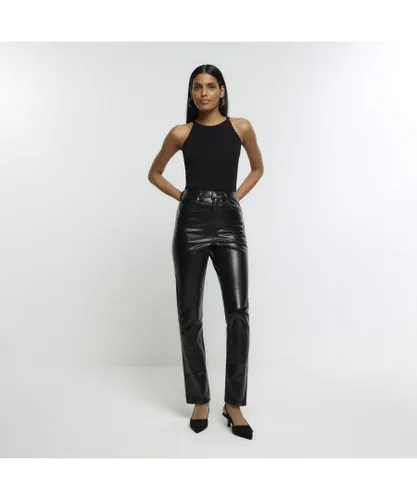River Island Womens Straight Jeans Black High Waisted Slim Coated Cotton
