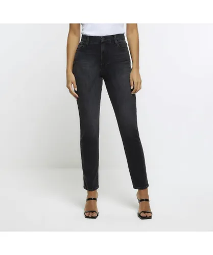 River Island Womens Straight Jeans Black High Waisted Stove Pipe Cotton