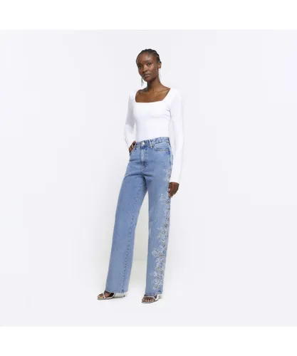 River Island Womens Straight Jeans Blue Embroidered Relaxed Denim