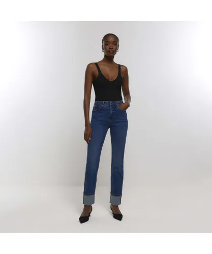 River Island Womens Straight Jeans Blue High Waist Turned Hem Denim