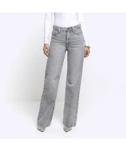 River Island Womens Straight Jeans Grey High Waisted Relaxed Cotton