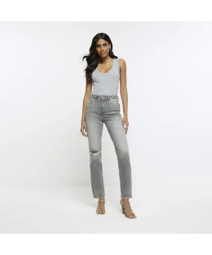River Island Womens Straight Jeans Grey Ripped High Waisted Slim Cotton