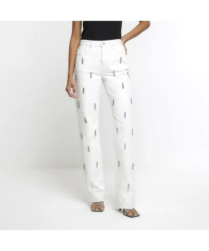 River Island Womens Straight Jeans White Embellished Stove Pipe Cotton