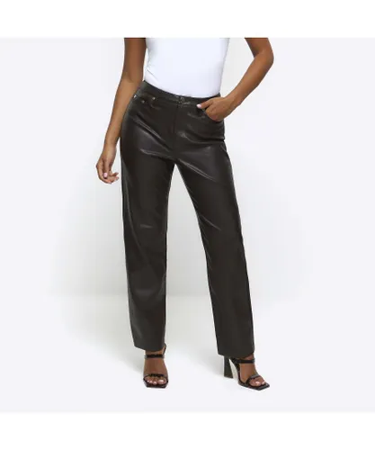 River Island Womens Straight Trousers Petite Brown Faux Leather Pu