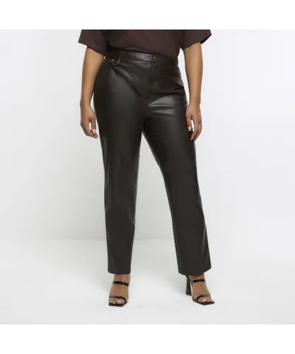 River Island Womens Straight Trousers Plus Brown Faux Leather Viscose