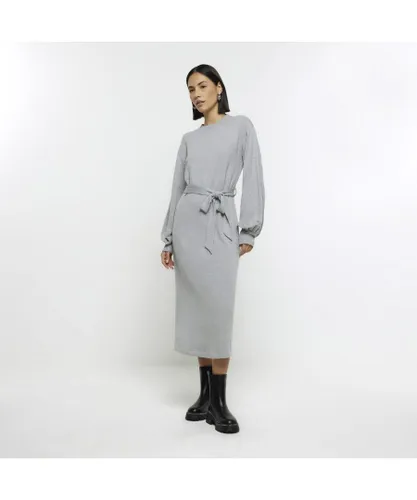 River Island Womens Sweatshirt Midi Dress Grey Belted Viscose