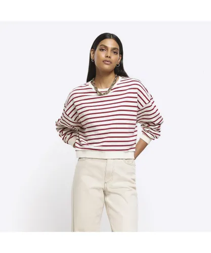 River Island Womens Sweatshirt Red Stripe Cropped Cotton