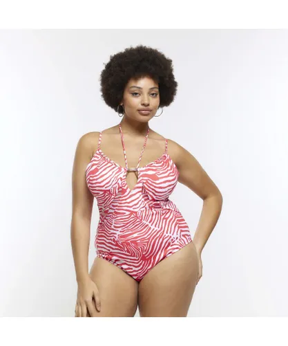 River Island Womens Swimsuit Plus Red Plunge Zebra Print