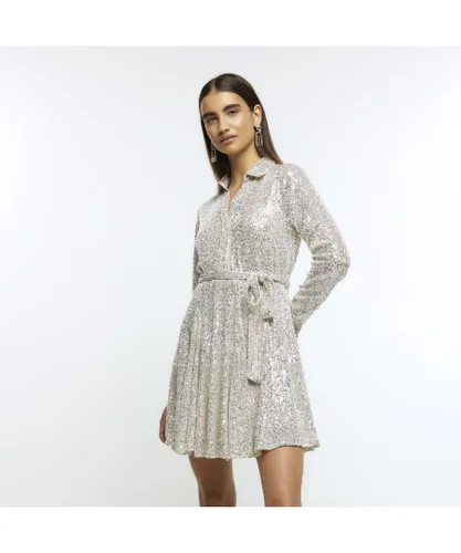 River Island Womens Swing Mini Dress Silver Sequin Belted
