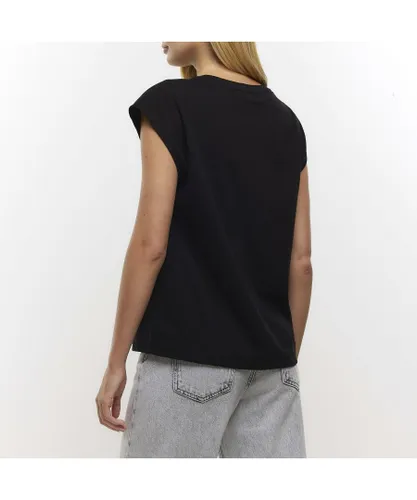 River Island Womens T-Shirt Black Lace Detail Cotton