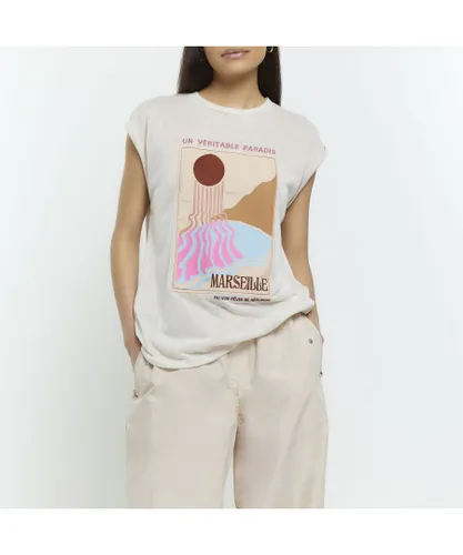 River Island Womens T-Shirt Cream Ecru Graphic Print
