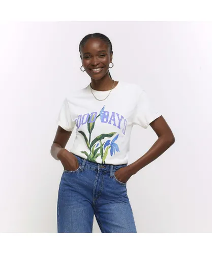 River Island Womens T-Shirt Ecru Graphic Floral Cotton