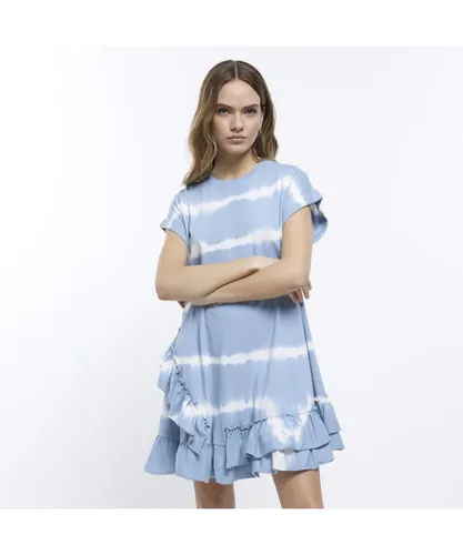 River Island Womens T-Shirt Mini Dress Blue Stripe Frill Cotton