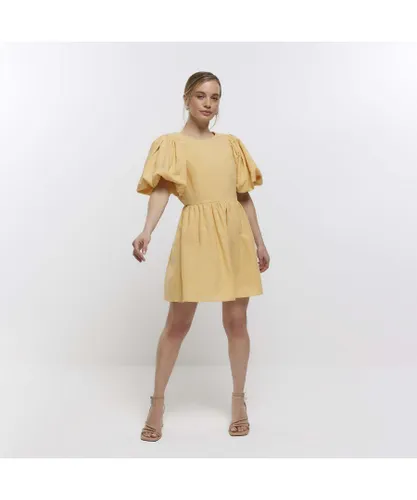 River Island Womens T-Shirt Mini Dress Petite Yellow Puff Sleeve Cotton