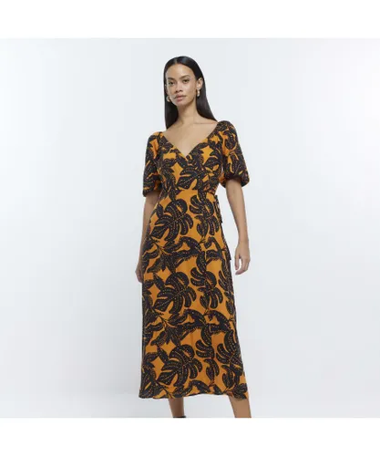 River Island Womens Wrap Midi Dress Orange Leaf Print Viscose