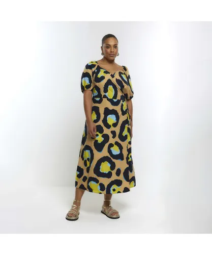 River Island Womens Wrap Midi Dress Plus Beige Animal Print Cotton