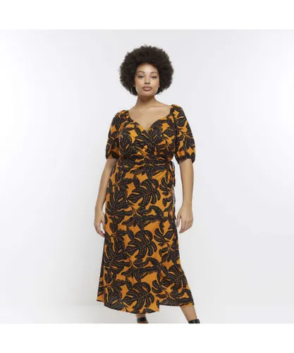 River Island Womens Wrap Midi Dress Plus Orange Leaf Print Viscose