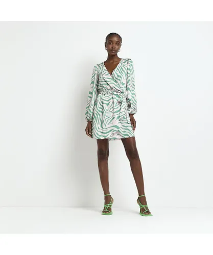 River Island Womens Wrap Mini Dress Green Satin Animal Print