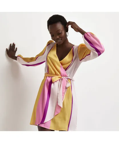 River Island Womens Wrap Mini Dress Yellow Satin Stripe