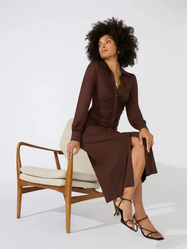 Ro&Zo Jersey Ruched Front Midi Shirt Dress, Brown - Brown - Female