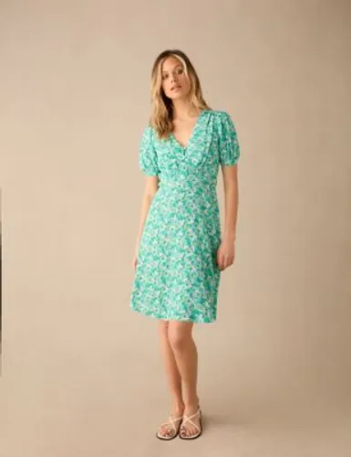 Ro&Zo Womens Floral V-Neck Knee Length Tea Dress - 8 - Green Mix, Green Mix