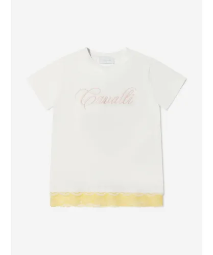 Roberto Cavalli Girls Cotton Logo T-Shirt With Lace Hem - White