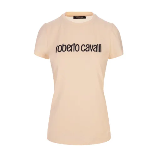 Roberto Cavalli , Ivory Stretch Cotton T-shirt with Logo Embroidery ,White female, Sizes: