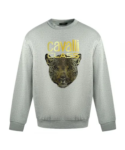 Roberto Cavalli Mens Class Leopard Print Logo Grey Jumper