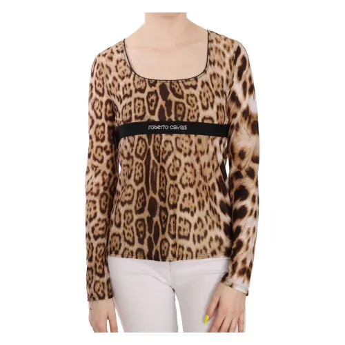 Roberto Cavalli , Roberto Cavalli Brown Roundeck Leopard Women Top Blouse ,Brown female, Sizes: