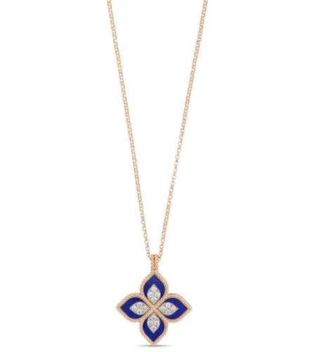 Roberto Coin Princess Flower 18ct Rose Gold Diamond Lapis Lazuli Necklace - Rose Gold