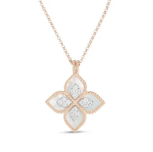Roberto Coin Princess Flower 18ct Rose Gold Diamond Mother of Pearl Necklace
