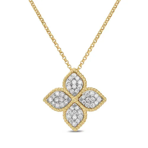 Roberto Coin Princess Flower 18ct Yellow Gold Diamond Pendant Necklace