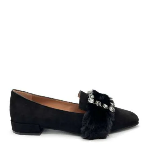 Roberto Festa , Black Suede Slipper with Shearling Band and Brooch ,Black female, Sizes: