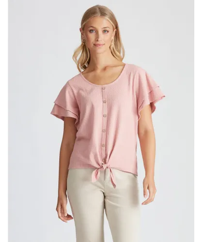 Rockmans Womens Double Flutter Sleeve Button Through Top - Pink Cotton