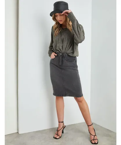 Rockmans Womens Knee Length Comfort Waist Denim Skirt - Charcoal Cotton