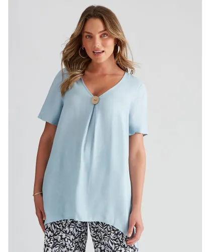 Rockmans Womens Short Sleeve Woven Large Button Top - Blue Viscose