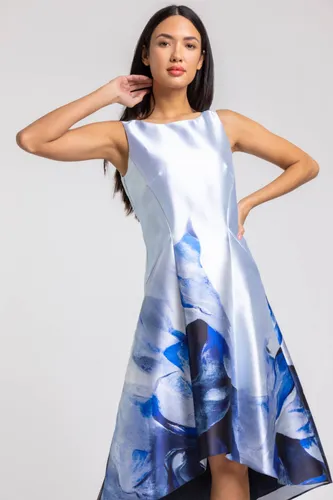 Roman Abstract Print Dipped Hem Midi Dress in Blue - Size 12 12 female