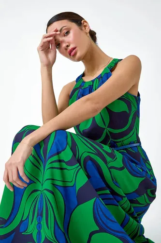 Roman Abstract Print Halter Neck Maxi Dress in Green 16 female