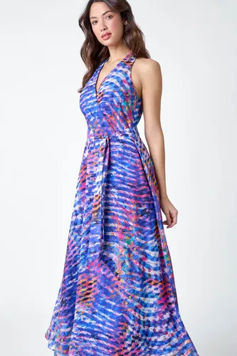 Roman Abstract Print Halterneck Maxi Dress in Blue - Size 12 12 female