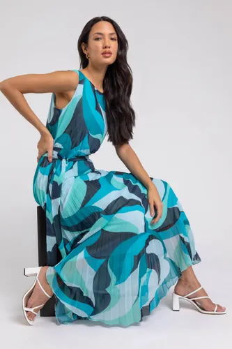 Roman Abstract Print Pleated Maxi Dress in Turquoise 16 female