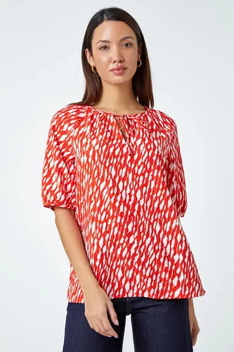 Roman Abstract Print Tie Front Stretch Top in Red 20 female