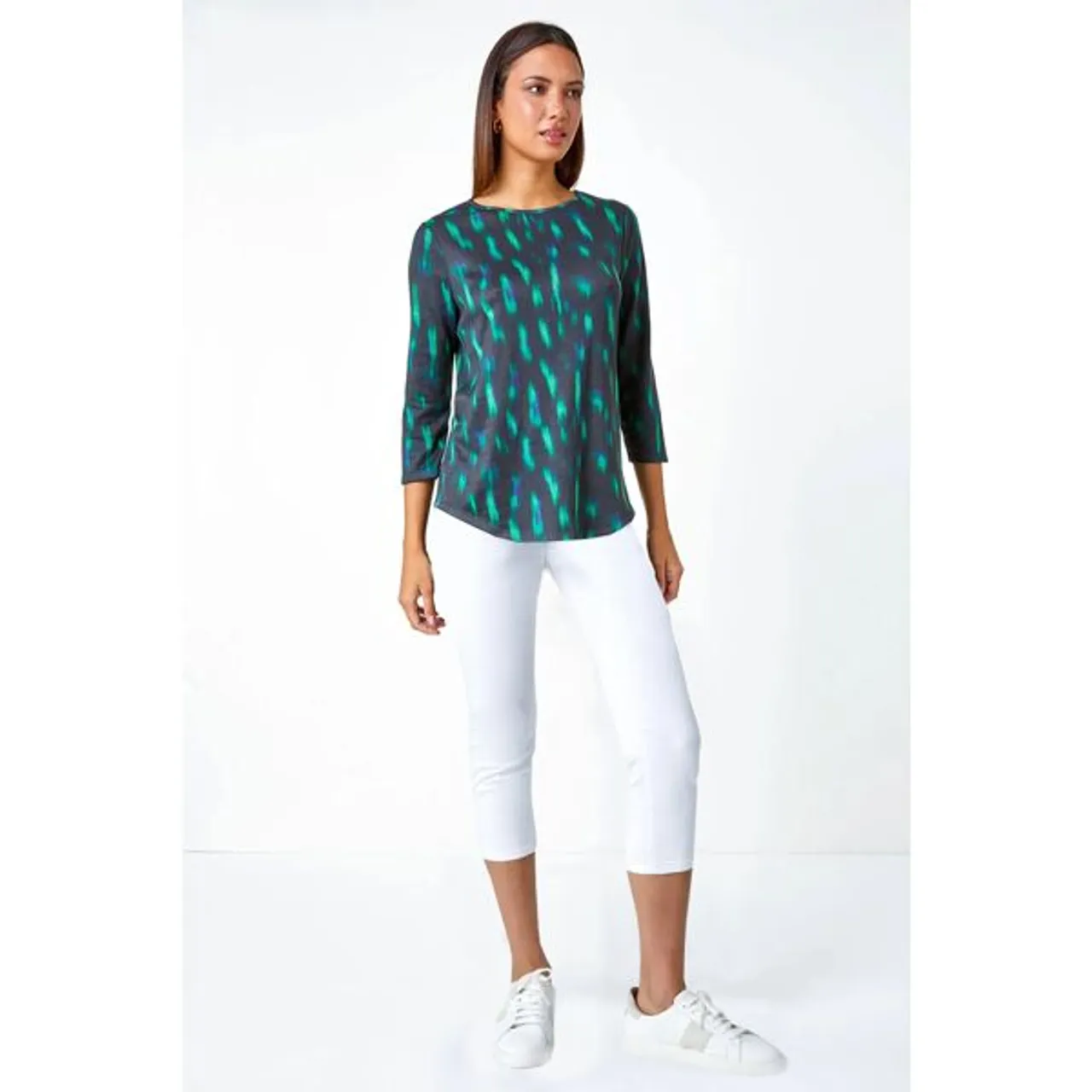 Roman Abstract Scoop Hem Stretch Top in Green 18 female