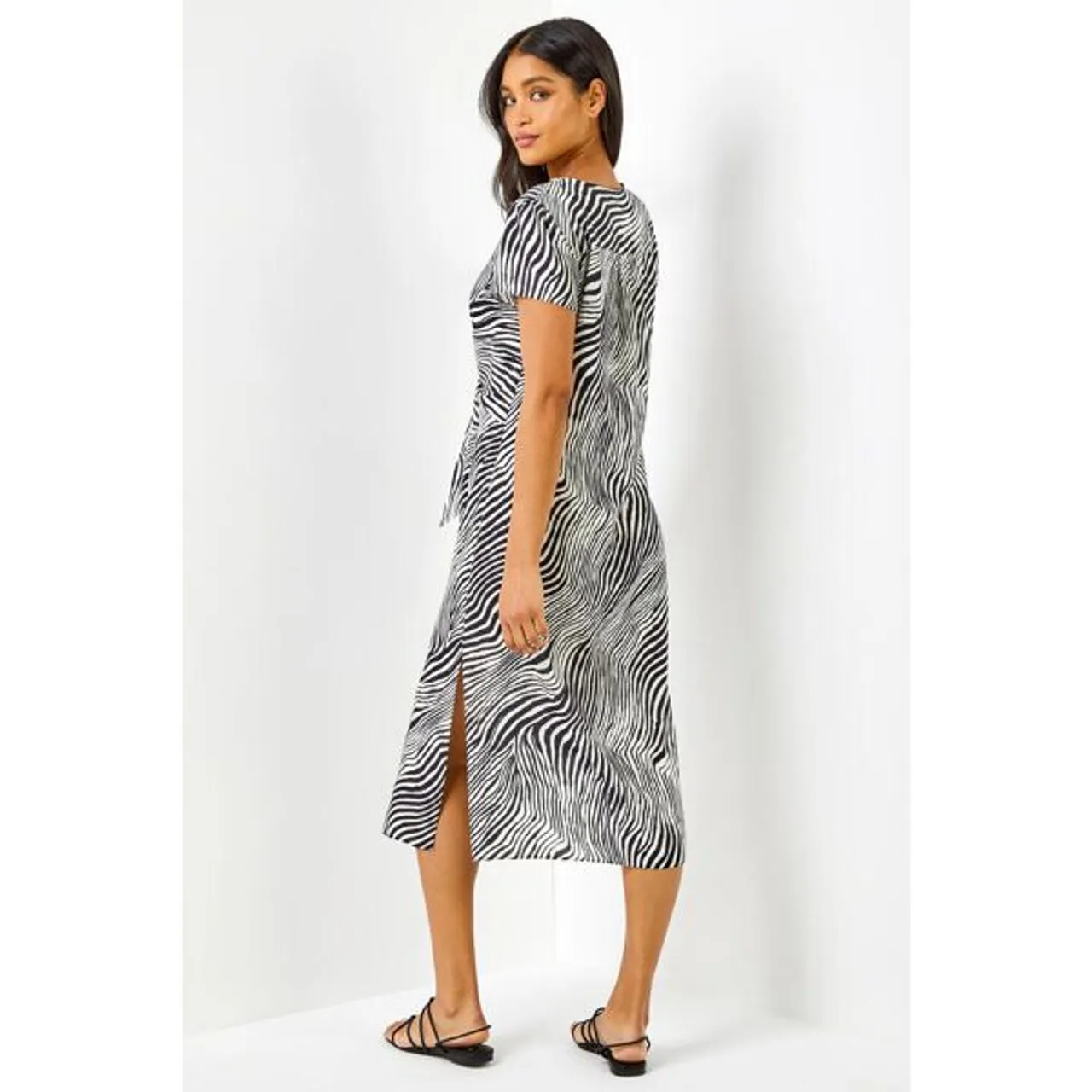 Roman Abstract Wave Print Tie Knot Detail Dress in Black 20 female