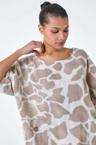 Roman Animal Print Cotton Tunic Top in Taupe S female